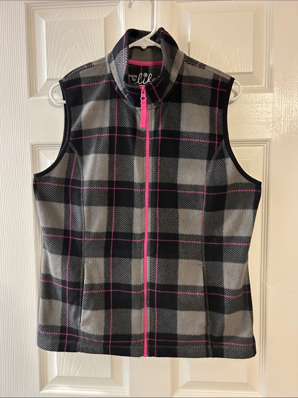 made for life Gray & Black Plaid Fleece Vest with Pink Zipper